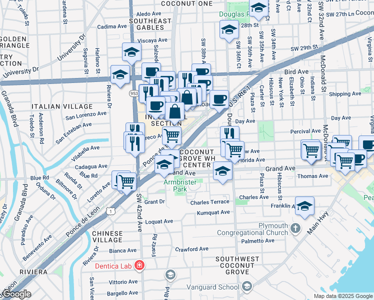 map of restaurants, bars, coffee shops, grocery stores, and more near 146 Oak Avenue in Coral Gables