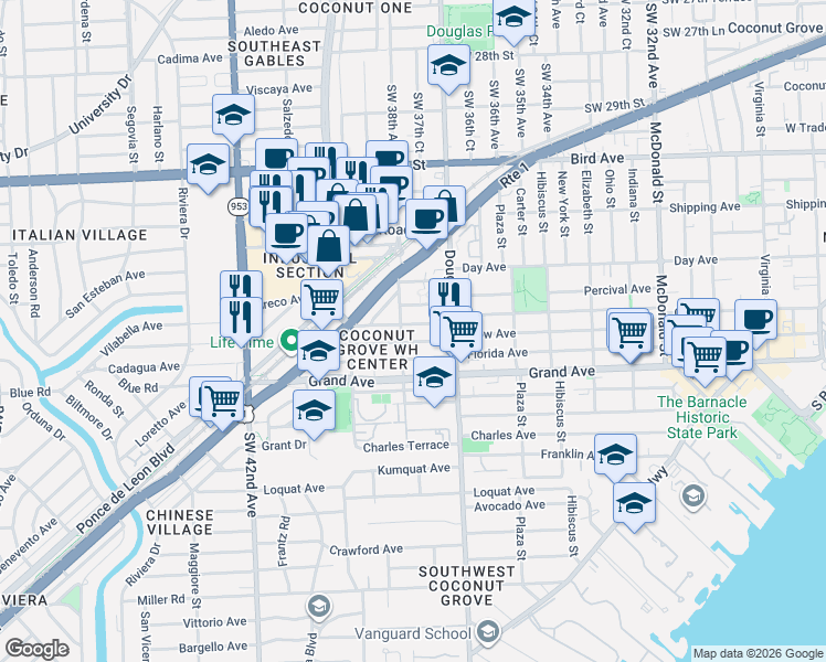 map of restaurants, bars, coffee shops, grocery stores, and more near 101 Oak Avenue in Coral Gables