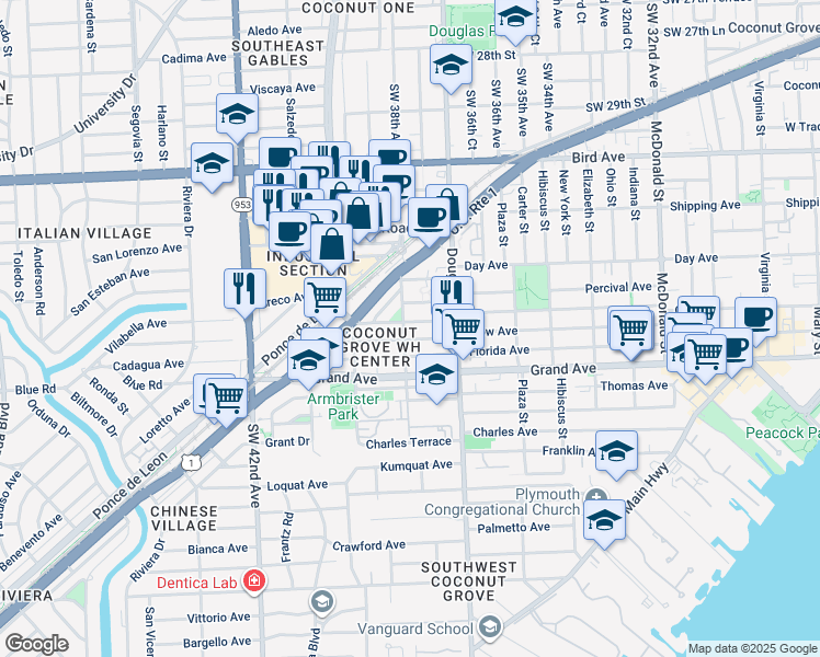 map of restaurants, bars, coffee shops, grocery stores, and more near 101 Oak Avenue in Coral Gables
