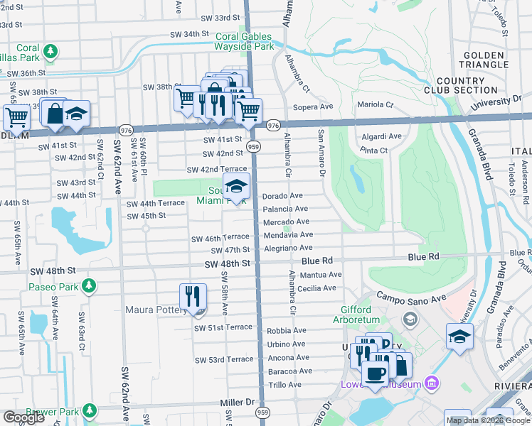 map of restaurants, bars, coffee shops, grocery stores, and more near 1541 Palancia Avenue in Coral Gables