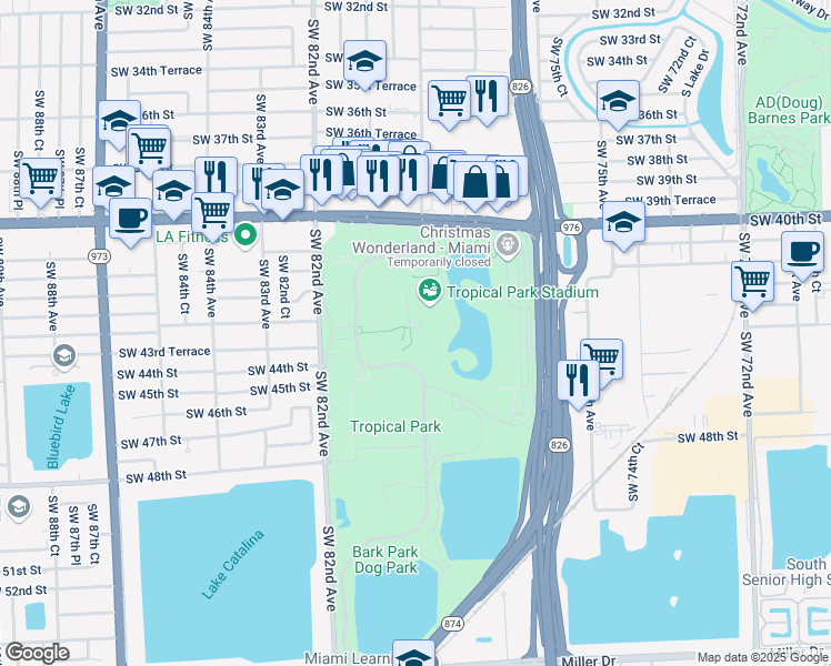 map of restaurants, bars, coffee shops, grocery stores, and more near 7900 Bird Road in Miami