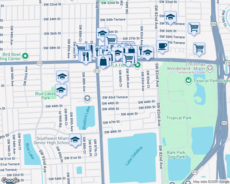 map of restaurants, bars, coffee shops, grocery stores, and more near 8515 Southwest 43rd Street in Miami