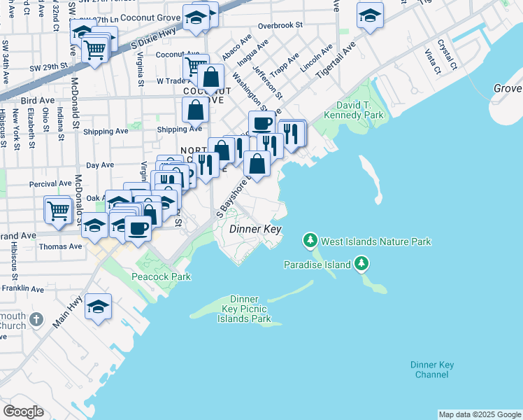 map of restaurants, bars, coffee shops, grocery stores, and more near 3500 Pan American Drive in Miami