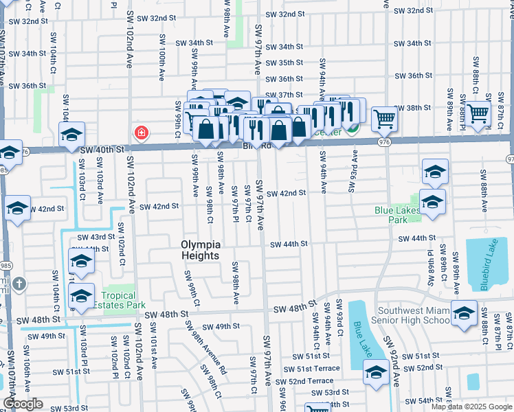 map of restaurants, bars, coffee shops, grocery stores, and more near 4195 Southwest 97th Court in Miami