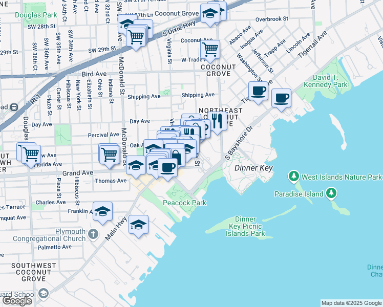 map of restaurants, bars, coffee shops, grocery stores, and more near 3326 Mary Street in Miami