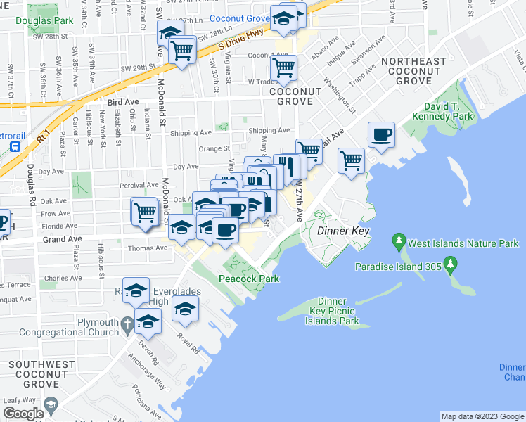 map of restaurants, bars, coffee shops, grocery stores, and more near in Miami
