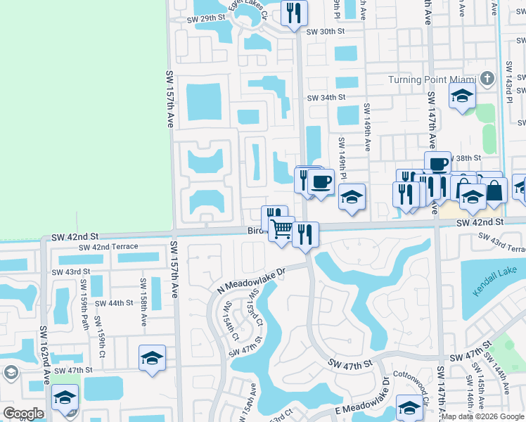 map of restaurants, bars, coffee shops, grocery stores, and more near 4021 Southwest 153rd Court in Miami