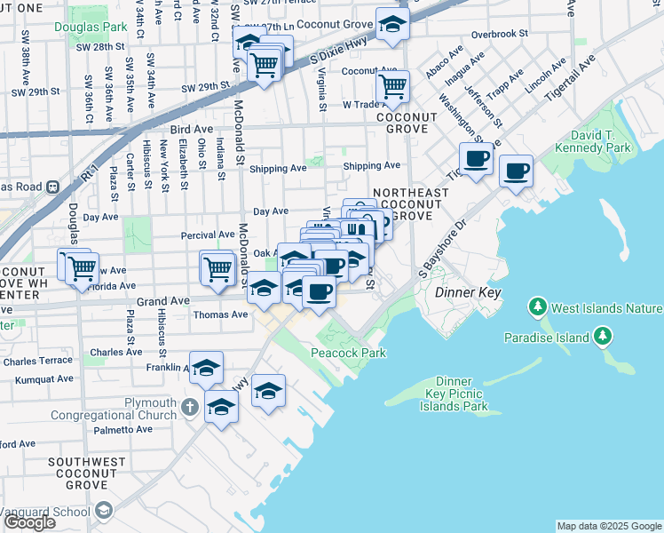 map of restaurants, bars, coffee shops, grocery stores, and more near 3339 Virginia Street in Miami
