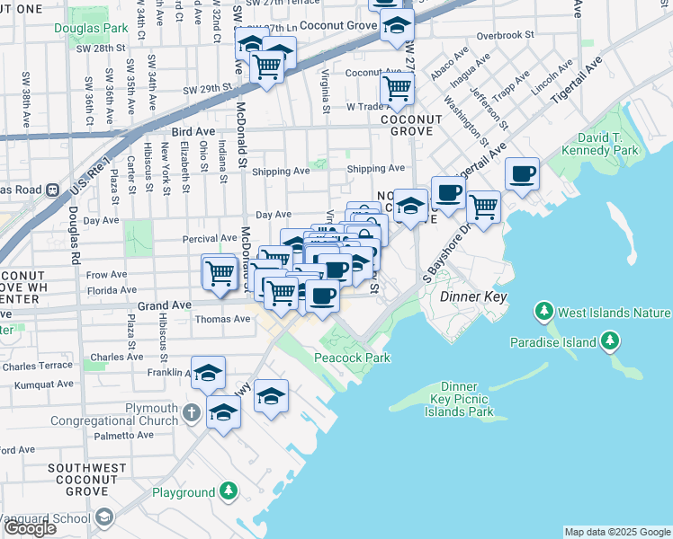 map of restaurants, bars, coffee shops, grocery stores, and more near 3339 Virginia Street in Miami