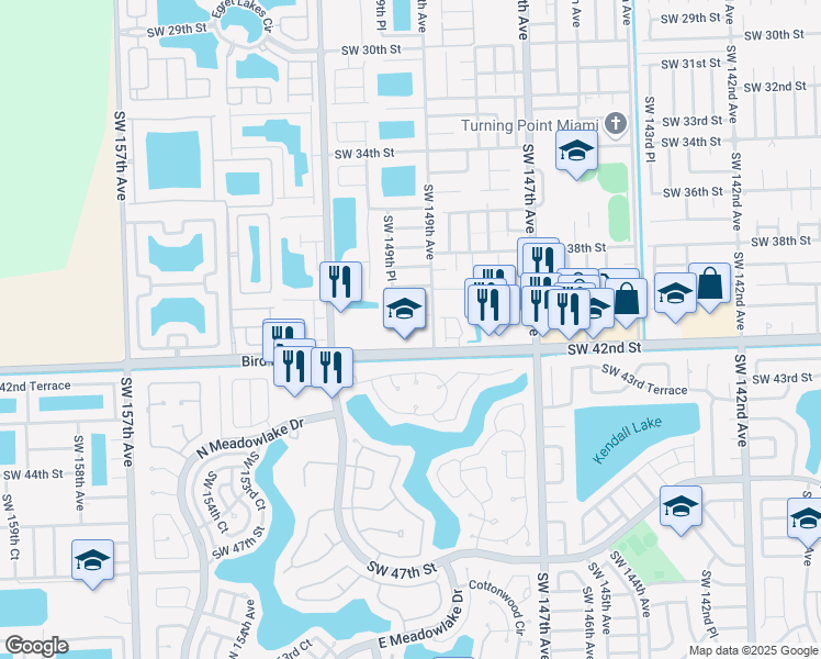 map of restaurants, bars, coffee shops, grocery stores, and more near 4141 Southwest 149th Court in Miami