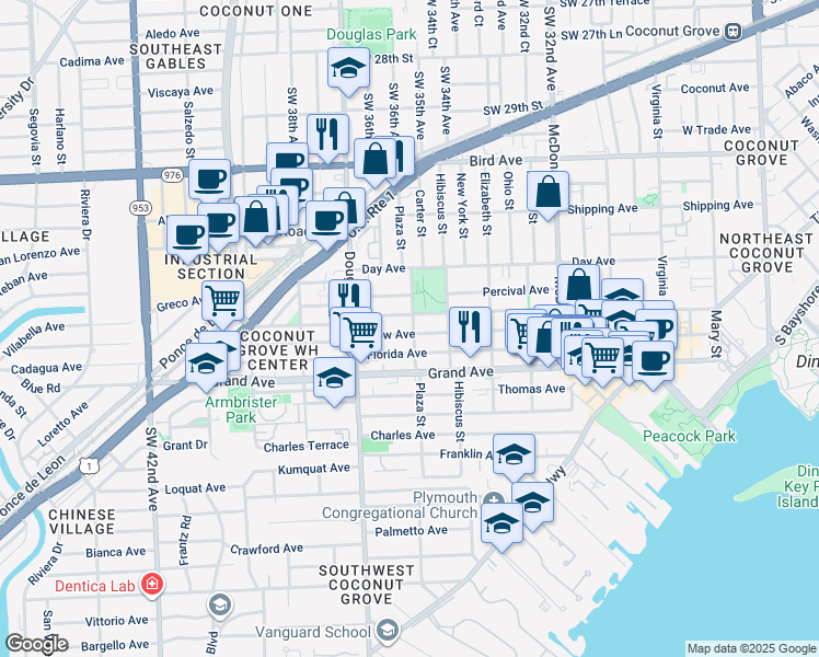map of restaurants, bars, coffee shops, grocery stores, and more near 3300 Plaza Street in Miami
