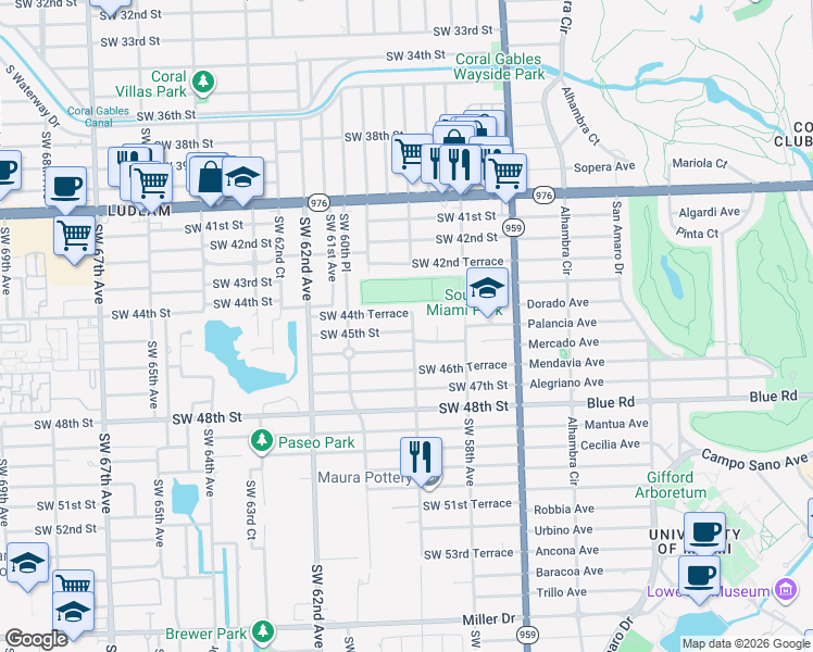 map of restaurants, bars, coffee shops, grocery stores, and more near 5900 Southwest 44th Terrace in Miami
