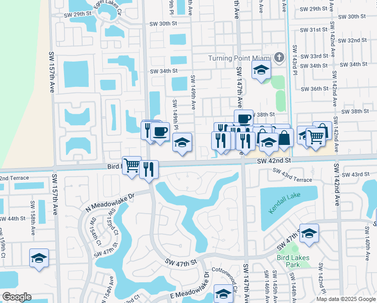 map of restaurants, bars, coffee shops, grocery stores, and more near 4141 Southwest 149th Court in Miami