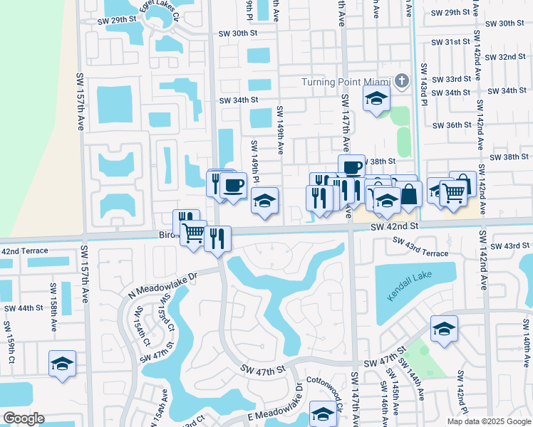 map of restaurants, bars, coffee shops, grocery stores, and more near 4152 Southwest 149th Place in Miami