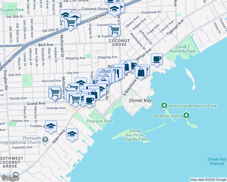 map of restaurants, bars, coffee shops, grocery stores, and more near 3400 Southwest 27th Avenue in Miami
