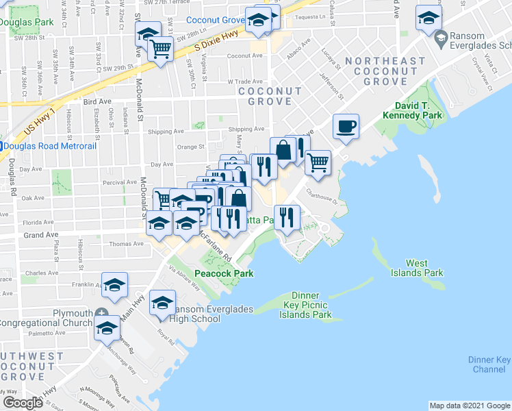 map of restaurants, bars, coffee shops, grocery stores, and more near 2821 South Bayshore Drive in Miami