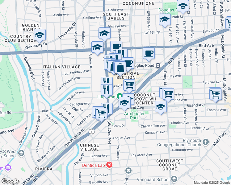 map of restaurants, bars, coffee shops, grocery stores, and more near 310 Granello Avenue in Coral Gables