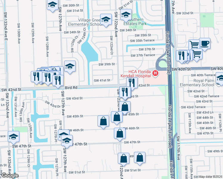 map of restaurants, bars, coffee shops, grocery stores, and more near 12235 Southwest 43rd Street in Miami