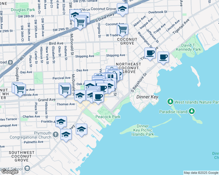 map of restaurants, bars, coffee shops, grocery stores, and more near 3333 Rice Street in Miami