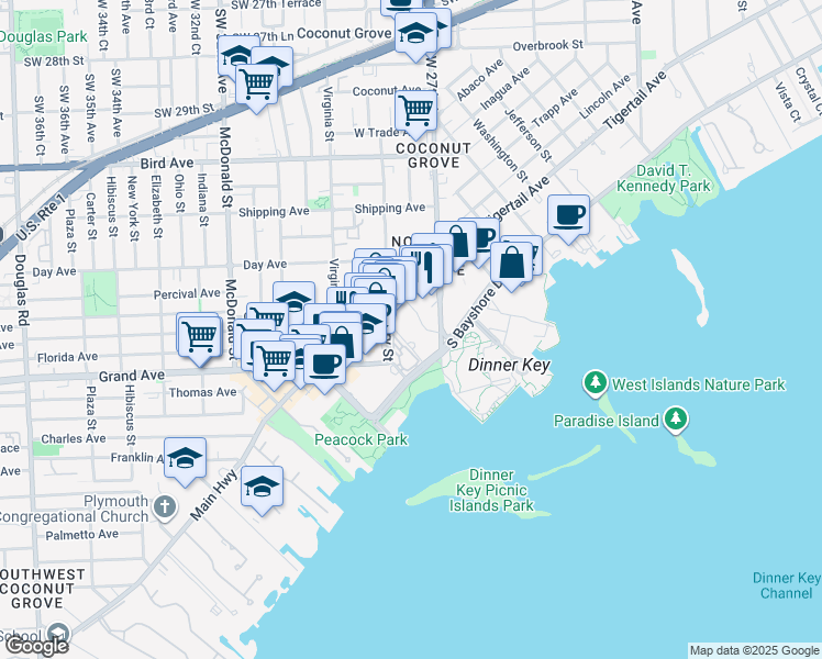 map of restaurants, bars, coffee shops, grocery stores, and more near 3400 Southwest 27th Avenue in Miami