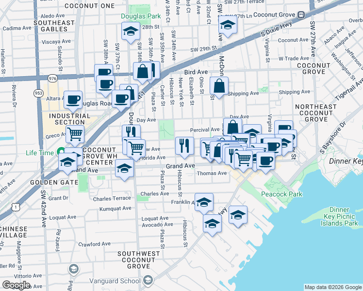 map of restaurants, bars, coffee shops, grocery stores, and more near 3300 Hibiscus Street in Miami