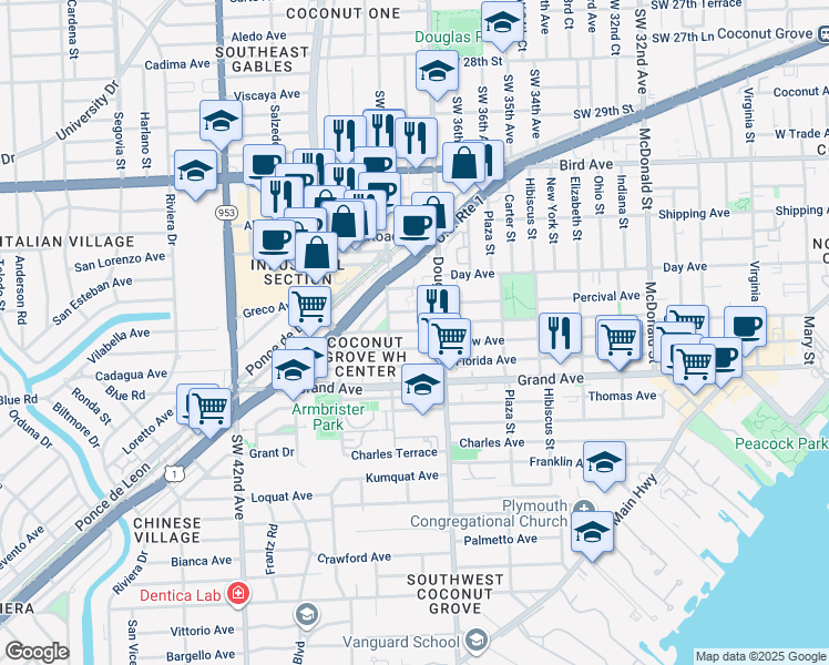 map of restaurants, bars, coffee shops, grocery stores, and more near 3735 Oak Avenue in Miami