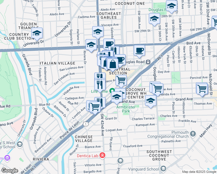 map of restaurants, bars, coffee shops, grocery stores, and more near 306 Granello Avenue in Coral Gables
