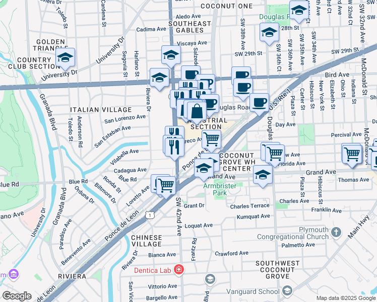 map of restaurants, bars, coffee shops, grocery stores, and more near 306 Granello Avenue in Coral Gables