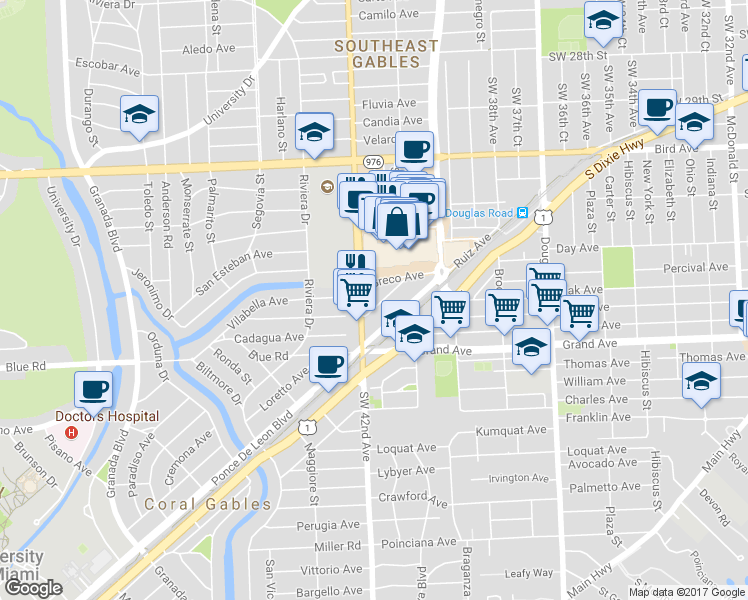 map of restaurants, bars, coffee shops, grocery stores, and more near 306 Granello Avenue in Coral Gables