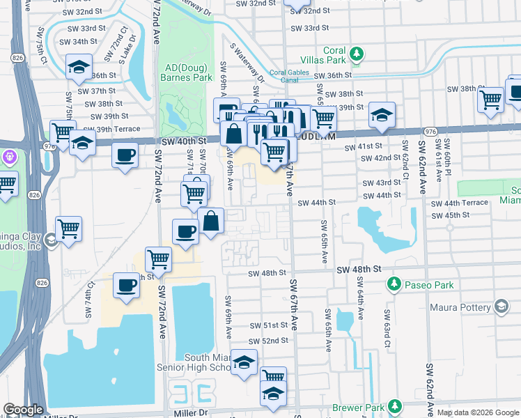 map of restaurants, bars, coffee shops, grocery stores, and more near 4540 Southwest 68th Court Circle in Miami