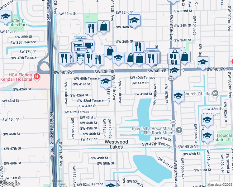 map of restaurants, bars, coffee shops, grocery stores, and more near 4151 Southwest 112th Court in Miami