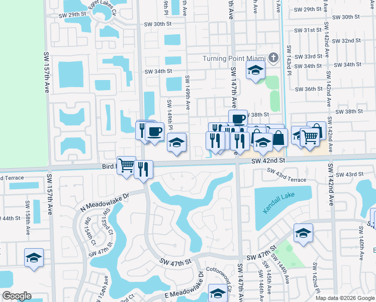 map of restaurants, bars, coffee shops, grocery stores, and more near 4141 Southwest 149th Court in Miami