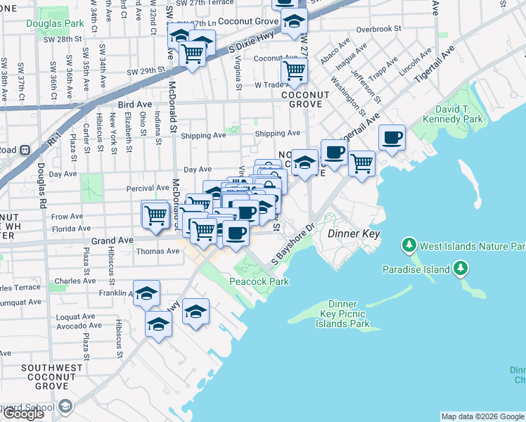 map of restaurants, bars, coffee shops, grocery stores, and more near 3333 Rice Street in Miami