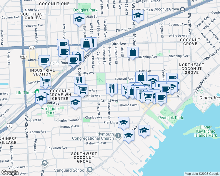 map of restaurants, bars, coffee shops, grocery stores, and more near 3300 Hibiscus Street in Miami