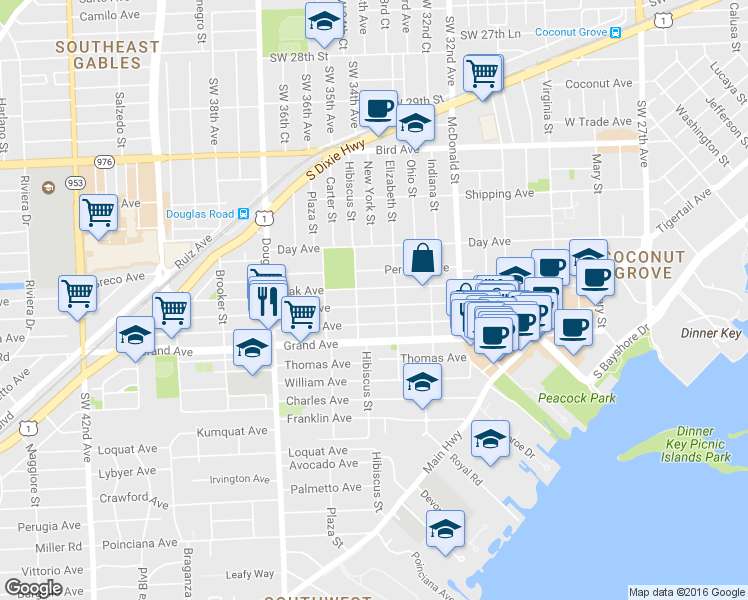 map of restaurants, bars, coffee shops, grocery stores, and more near 3318 Elizabeth Street in Miami