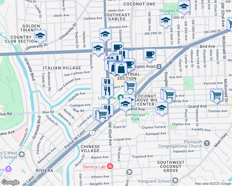 map of restaurants, bars, coffee shops, grocery stores, and more near 306 Granello Avenue in Coral Gables