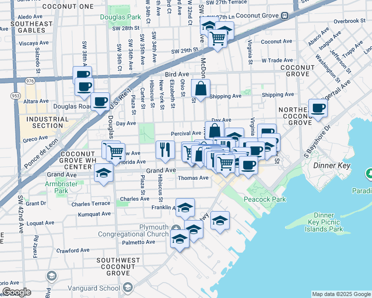 map of restaurants, bars, coffee shops, grocery stores, and more near 3325 Frow Avenue in Miami