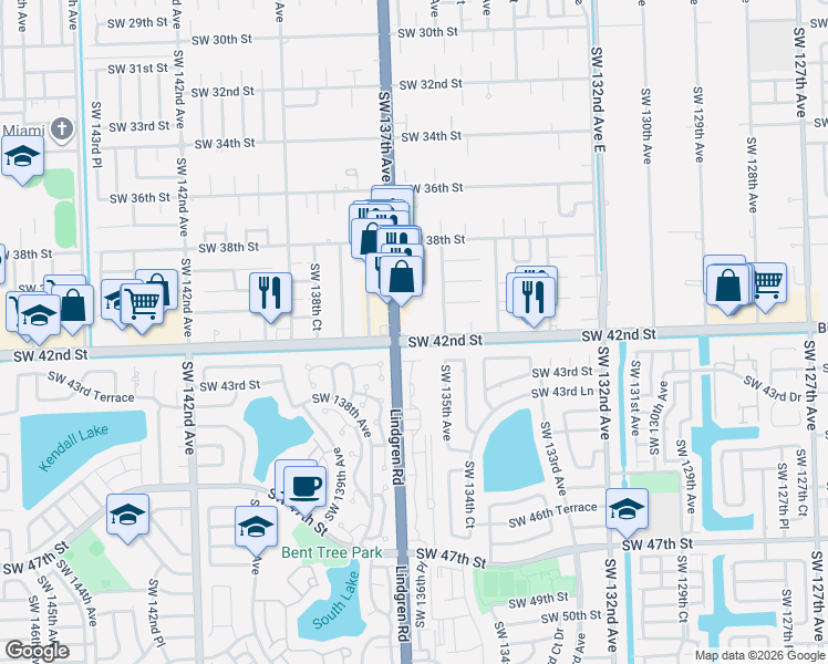 map of restaurants, bars, coffee shops, grocery stores, and more near 13655 SW 42nd St in Miami