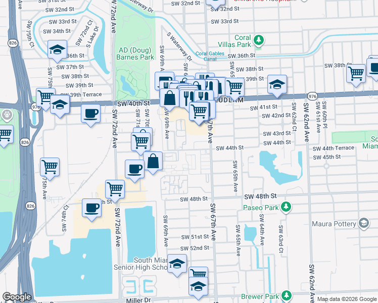 map of restaurants, bars, coffee shops, grocery stores, and more near 4510 Southwest 68th Court Circle in Miami