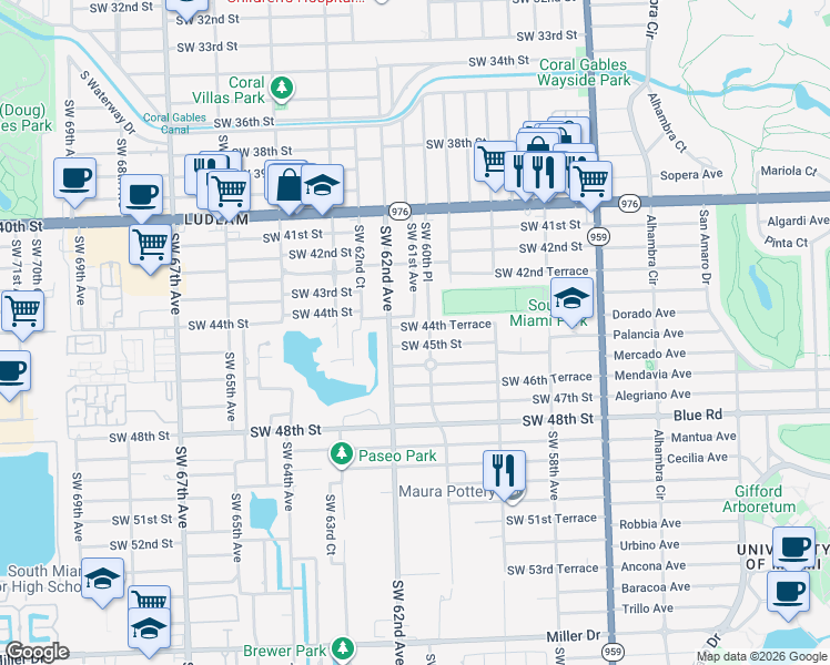 map of restaurants, bars, coffee shops, grocery stores, and more near 6100 Southwest 44th Terrace in Miami