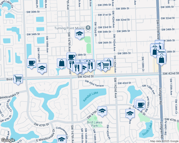 map of restaurants, bars, coffee shops, grocery stores, and more near 14453 Southwest 42nd Street in Miami