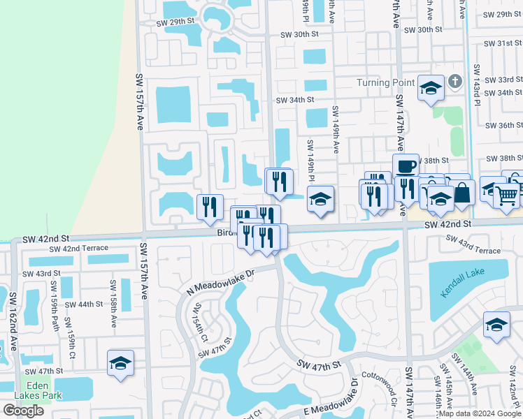 map of restaurants, bars, coffee shops, grocery stores, and more near 4030 Southwest 152nd Avenue in Miami