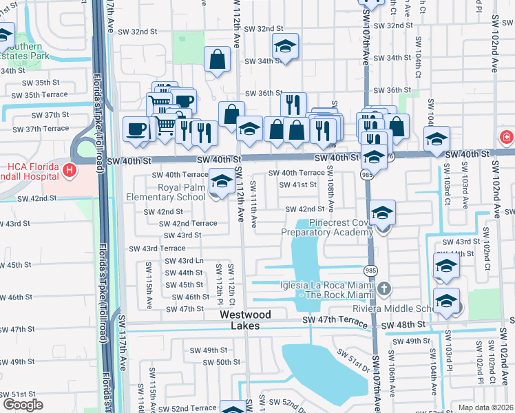 map of restaurants, bars, coffee shops, grocery stores, and more near 4155 Southwest 111th Avenue in Miami
