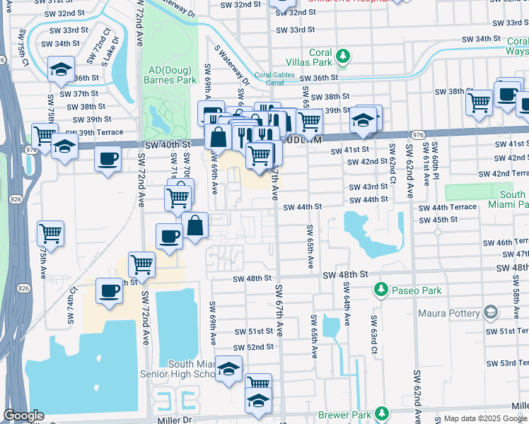 map of restaurants, bars, coffee shops, grocery stores, and more near 4540 Southwest 68th Court Circle in Miami