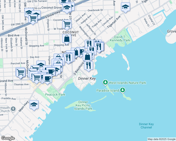 map of restaurants, bars, coffee shops, grocery stores, and more near 3385 Pan American Drive in Miami
