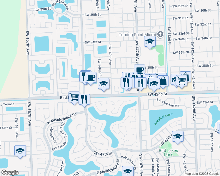 map of restaurants, bars, coffee shops, grocery stores, and more near 4141 Southwest 149th Court in Miami