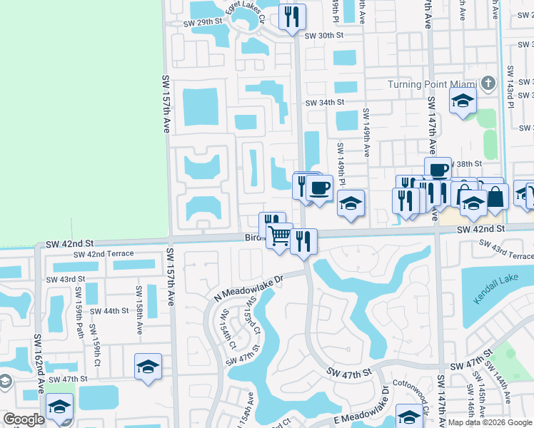 map of restaurants, bars, coffee shops, grocery stores, and more near 4021 Southwest 153rd Court in Miami
