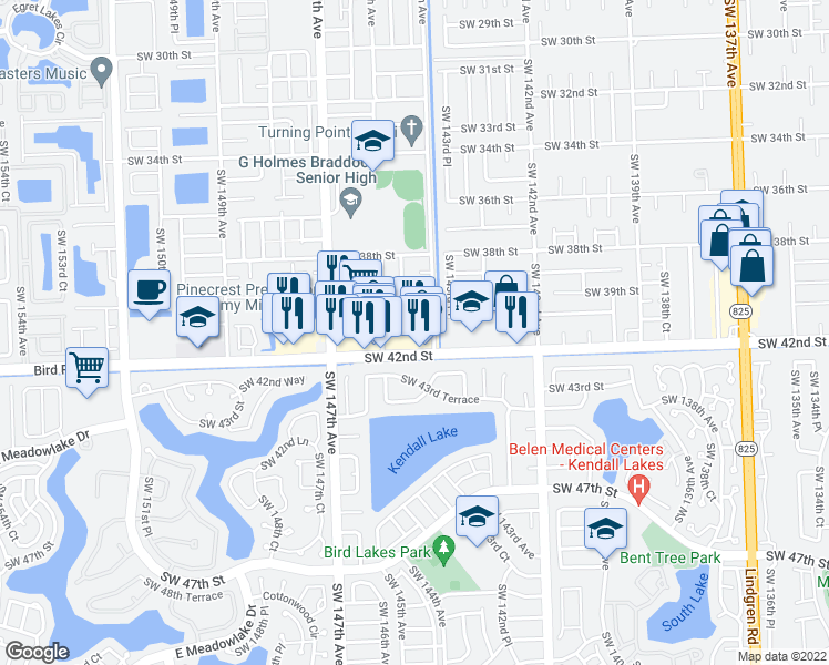 map of restaurants, bars, coffee shops, grocery stores, and more near 14453 Southwest 42nd Street in Miami