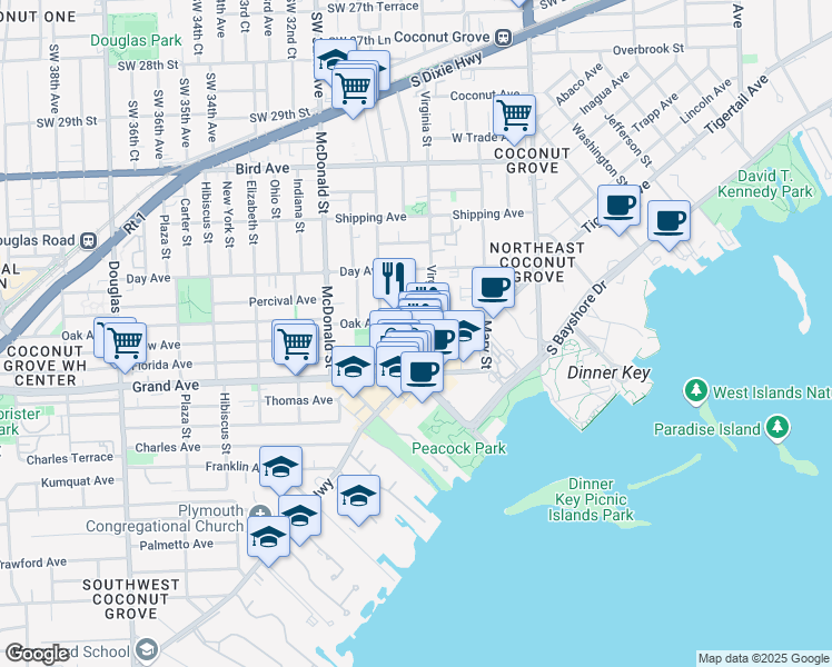map of restaurants, bars, coffee shops, grocery stores, and more near 3034 Oak Avenue in Miami