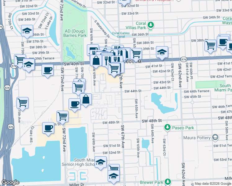 map of restaurants, bars, coffee shops, grocery stores, and more near 4540 Southwest 68th Court Circle in Miami